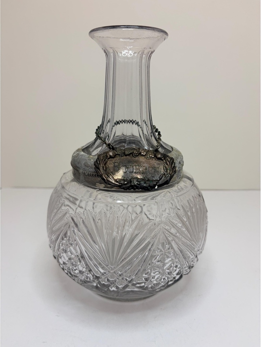 Vintage Bourbon Decanter with Silver Plated Bourbon Tag |Glass Whiskey Decanter